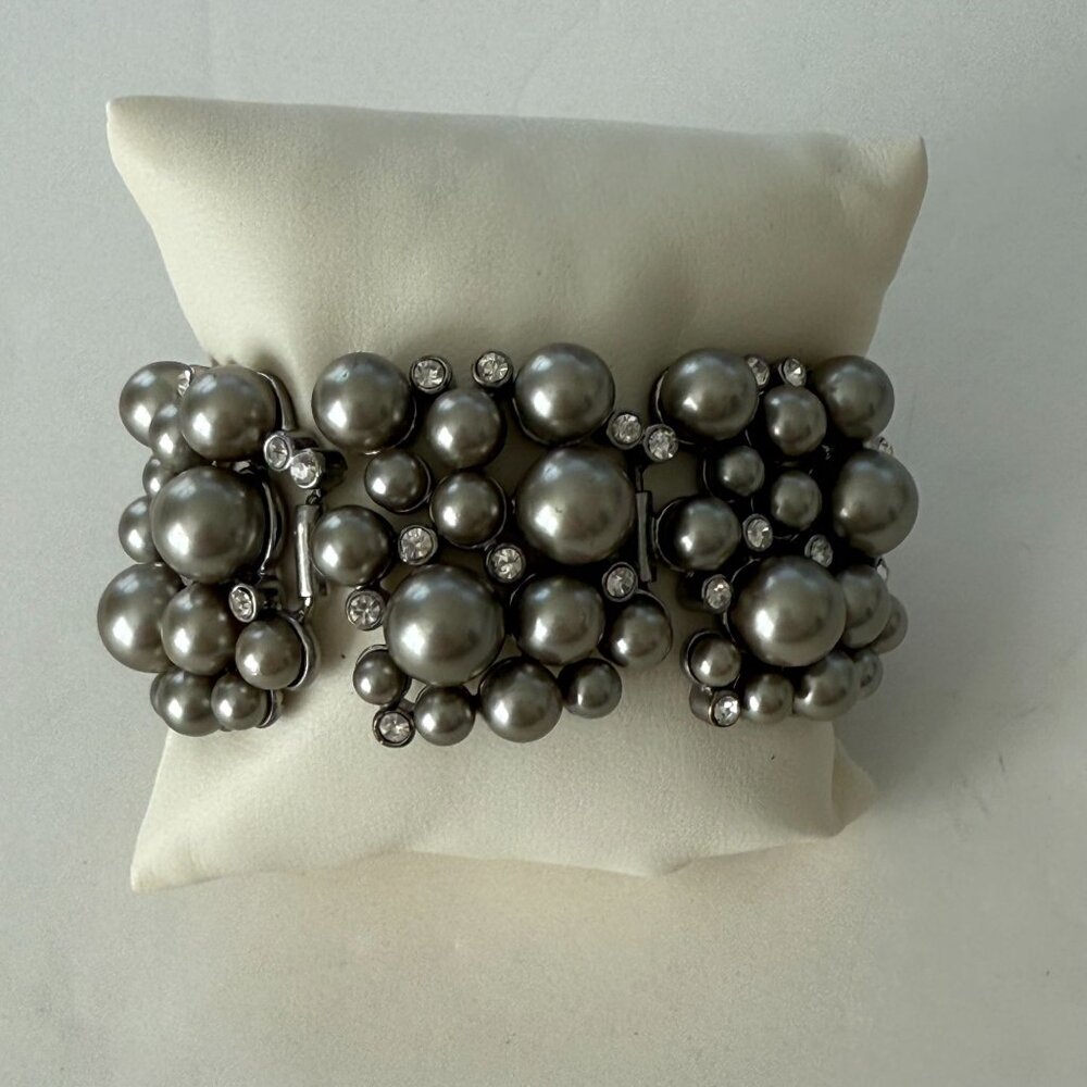 J Crew Silver-Tone Faux Pearl & Rhinestone Chunky Bracelet 7"